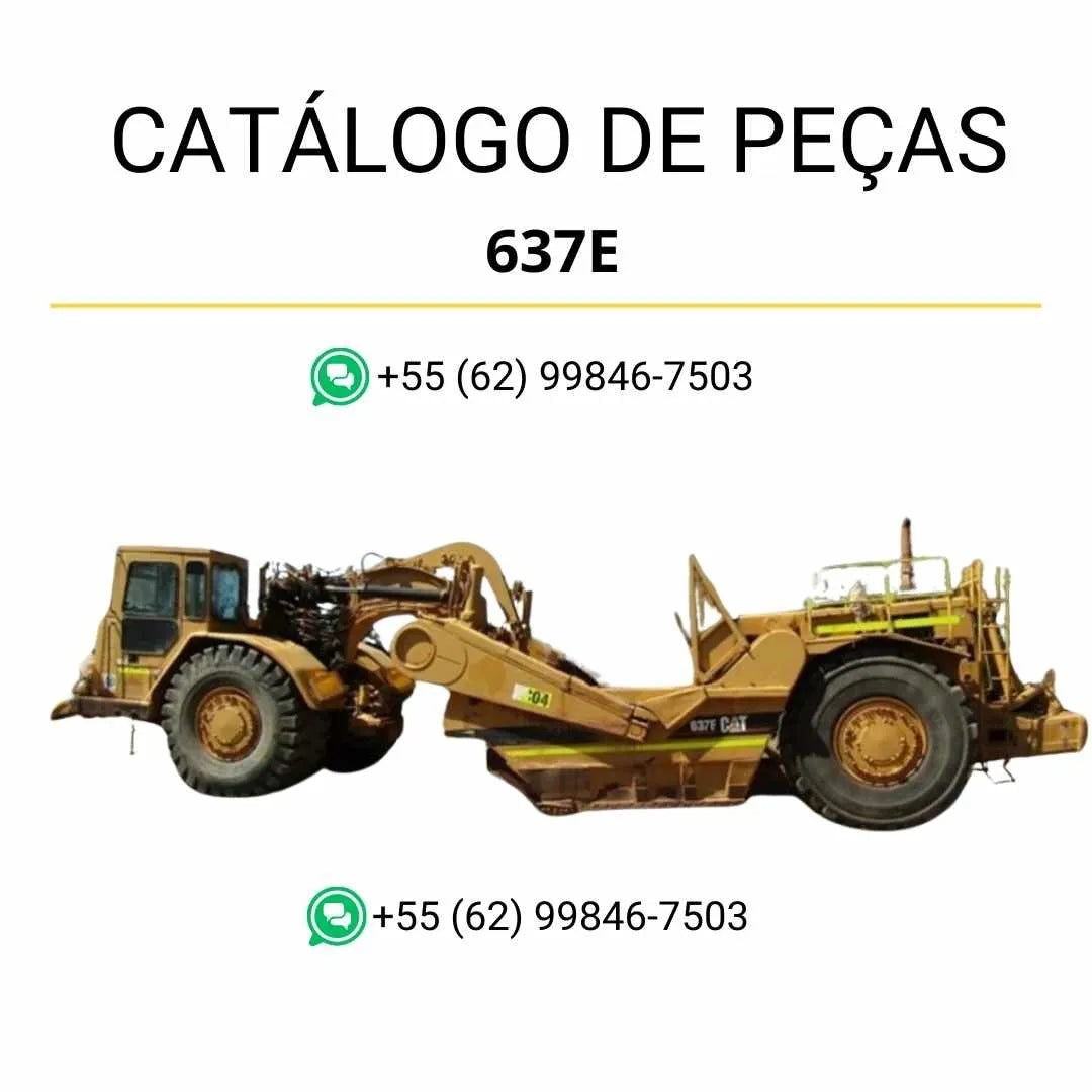 Catálogo de peças Caterpillar 637E em PDF com ilustrações técnicas detalhadas do raspador de rodas e lista completa de componentes originais.