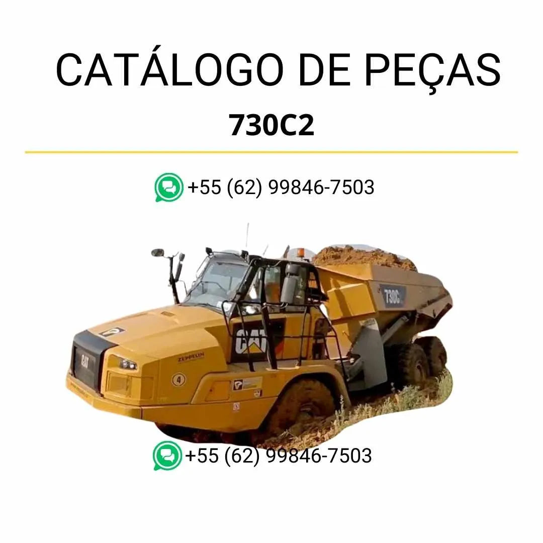 Catálogo de peças Caterpillar 730C2 em PDF com diagramas técnicos detalhados, vistas explodidas e lista completa dos componentes do caminhão articulado.
