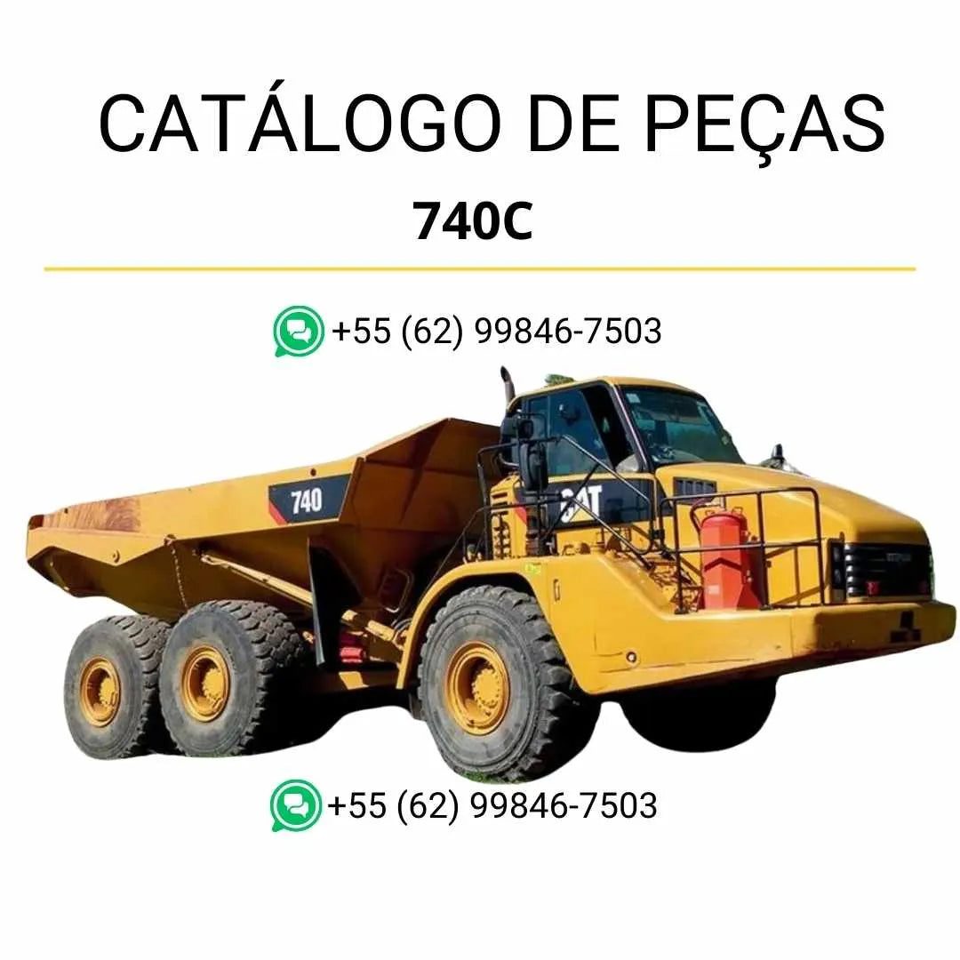 Catálogo de peças Caterpillar 740C em PDF com vistas explodidas, diagramas técnicos e identificação completa dos componentes do caminhão articulado.