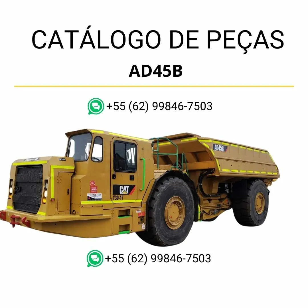 Catálogo de peças Caterpillar AD45B em PDF com ilustrações técnicas e lista completa de componentes originais do caminhão articulado subterrâneo.