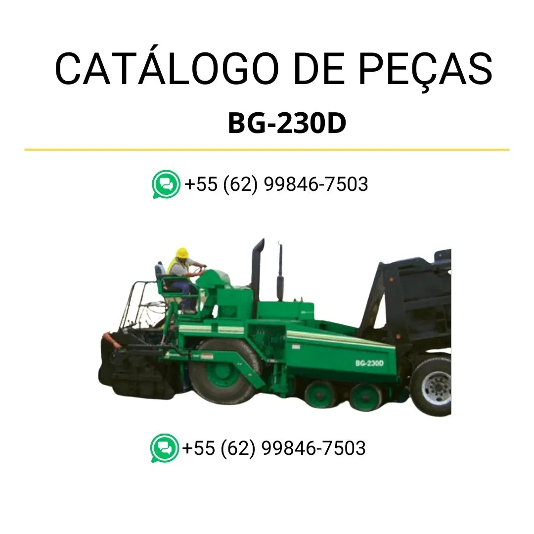Catálogo de peças Caterpillar BG-230D em PDF com diagramas técnicos e lista completa de componentes da pavimentadora de asfalto.