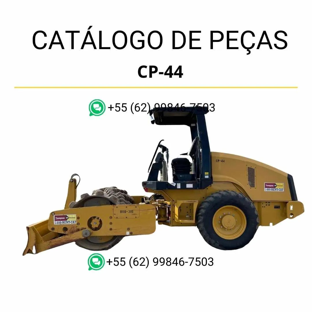 Catálogo de peças Caterpillar CP-44 em PDF com diagramas técnicos detalhados e relação completa de componentes originais do rolo compactador vibratório.