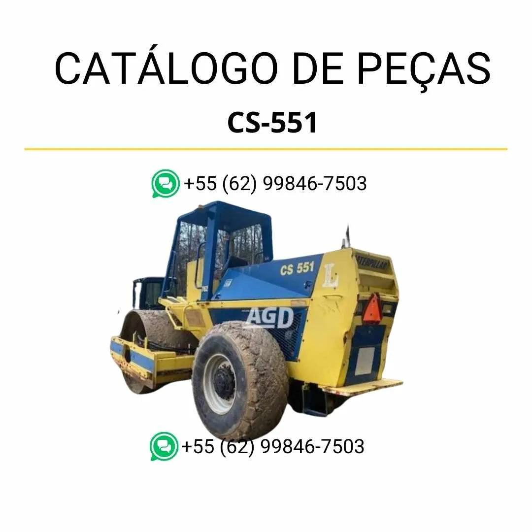 Catálogo de peças Caterpillar CS-551 em PDF com ilustrações técnicas detalhadas e lista completa de componentes originais do rolo compactador vibratório.