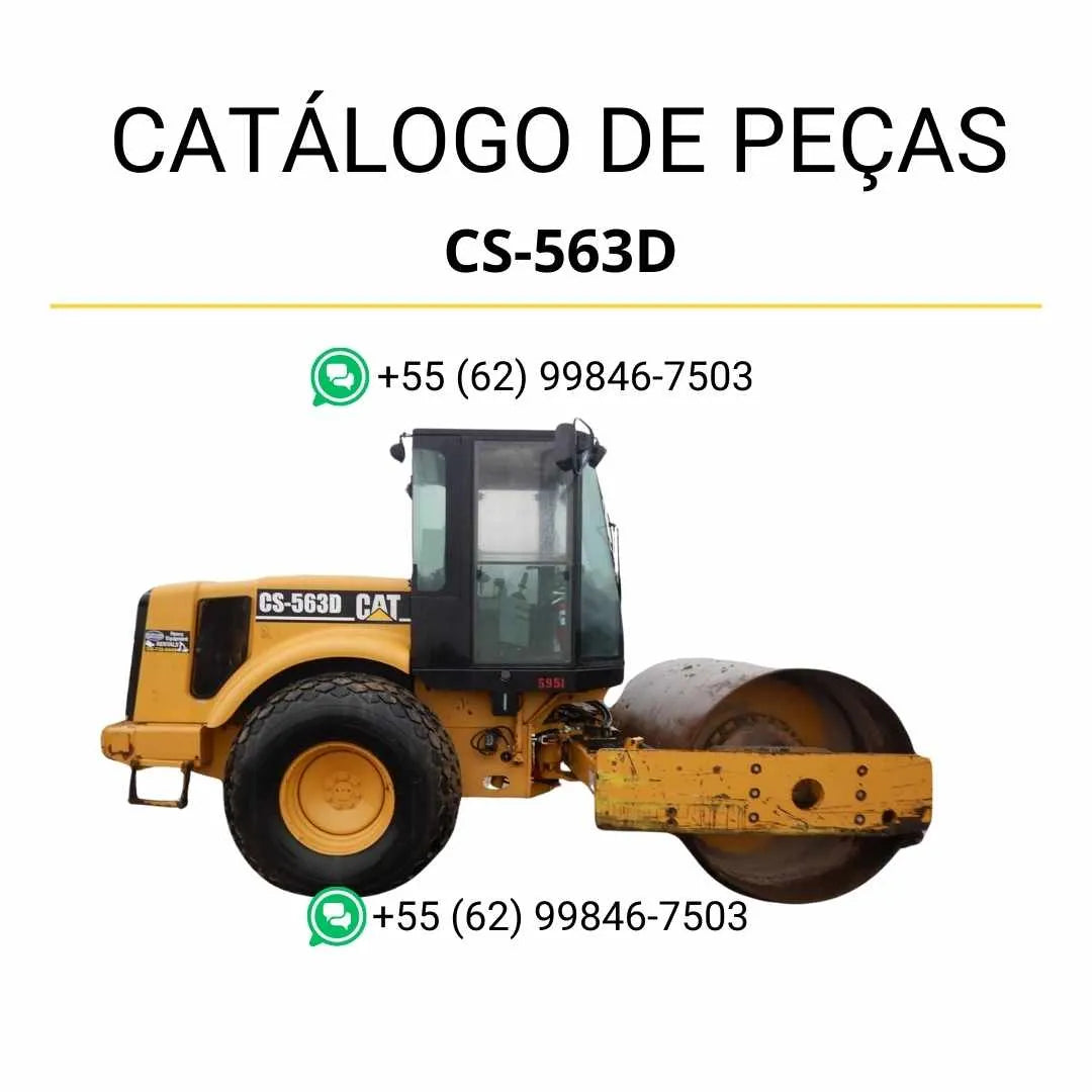 Catálogo de peças Caterpillar CS-563D em PDF com ilustrações detalhadas e identificação completa dos componentes originais do rolo compactador vibratório.