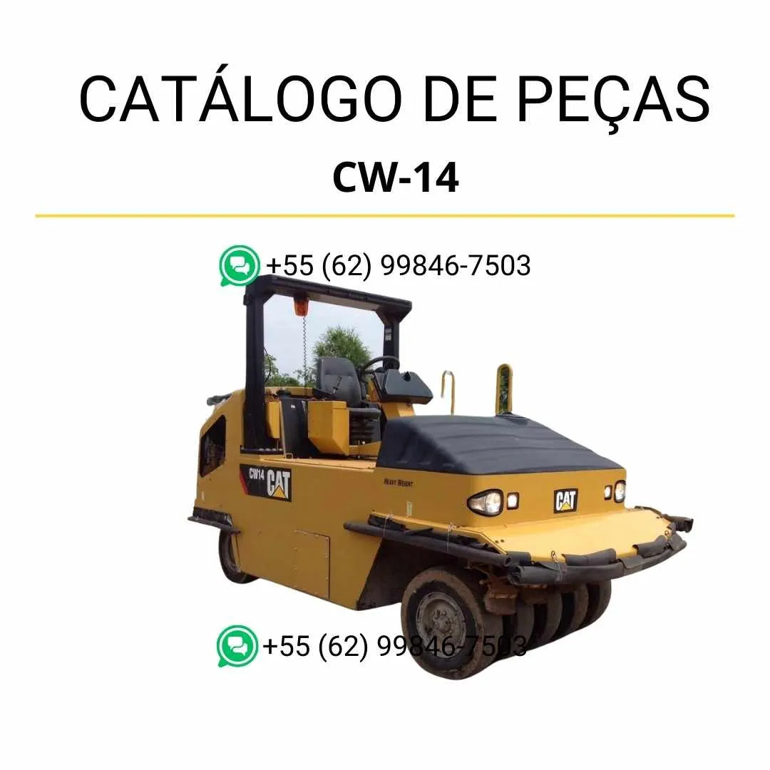 Catálogo de peças Caterpillar CW-14 em PDF com ilustrações técnicas completas e relação detalhada de componentes do rolo compactador pneumático.