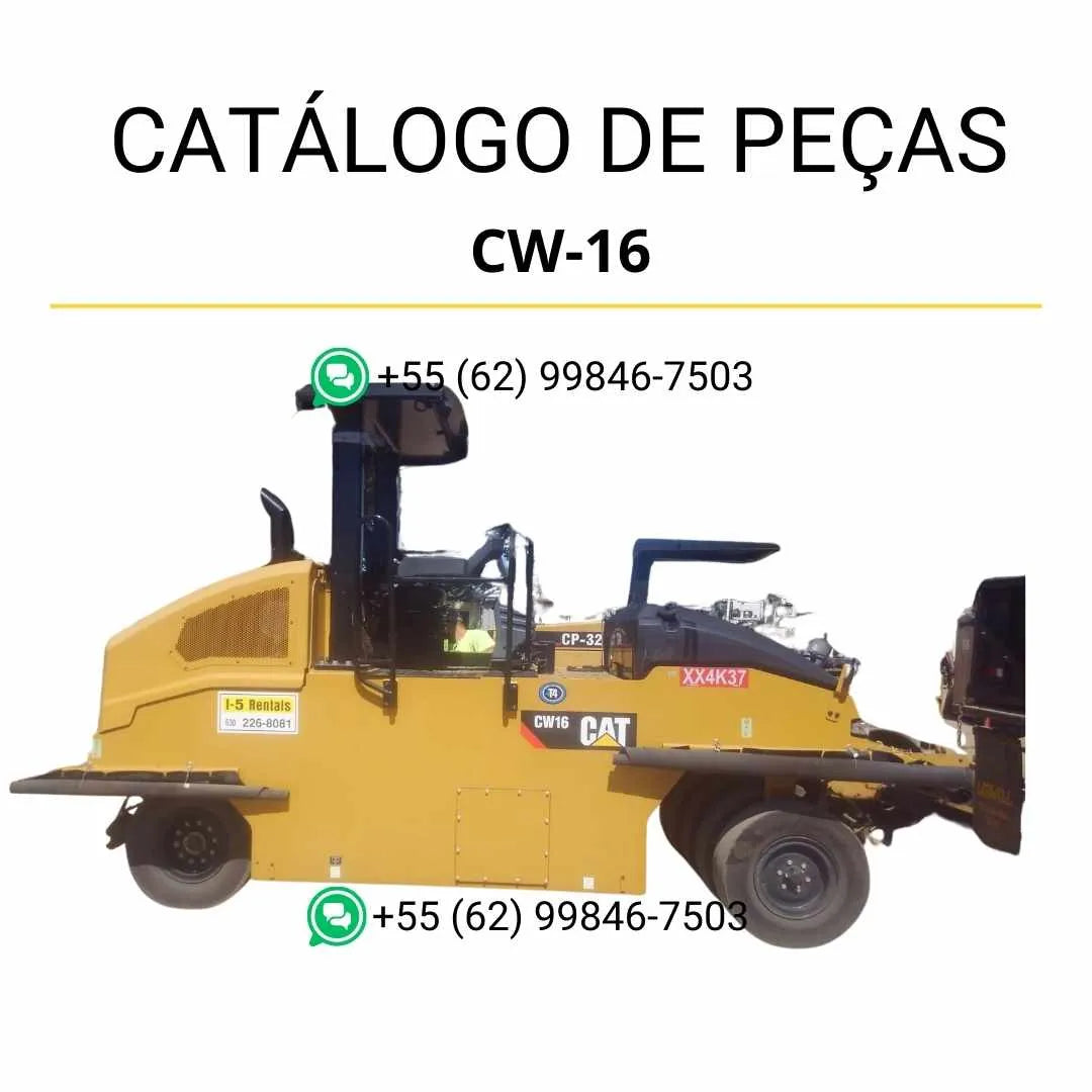 Catálogo de peças Caterpillar CW-16 em PDF com diagramas ilustrados e lista de componentes originais do rolo compactador pneumático.