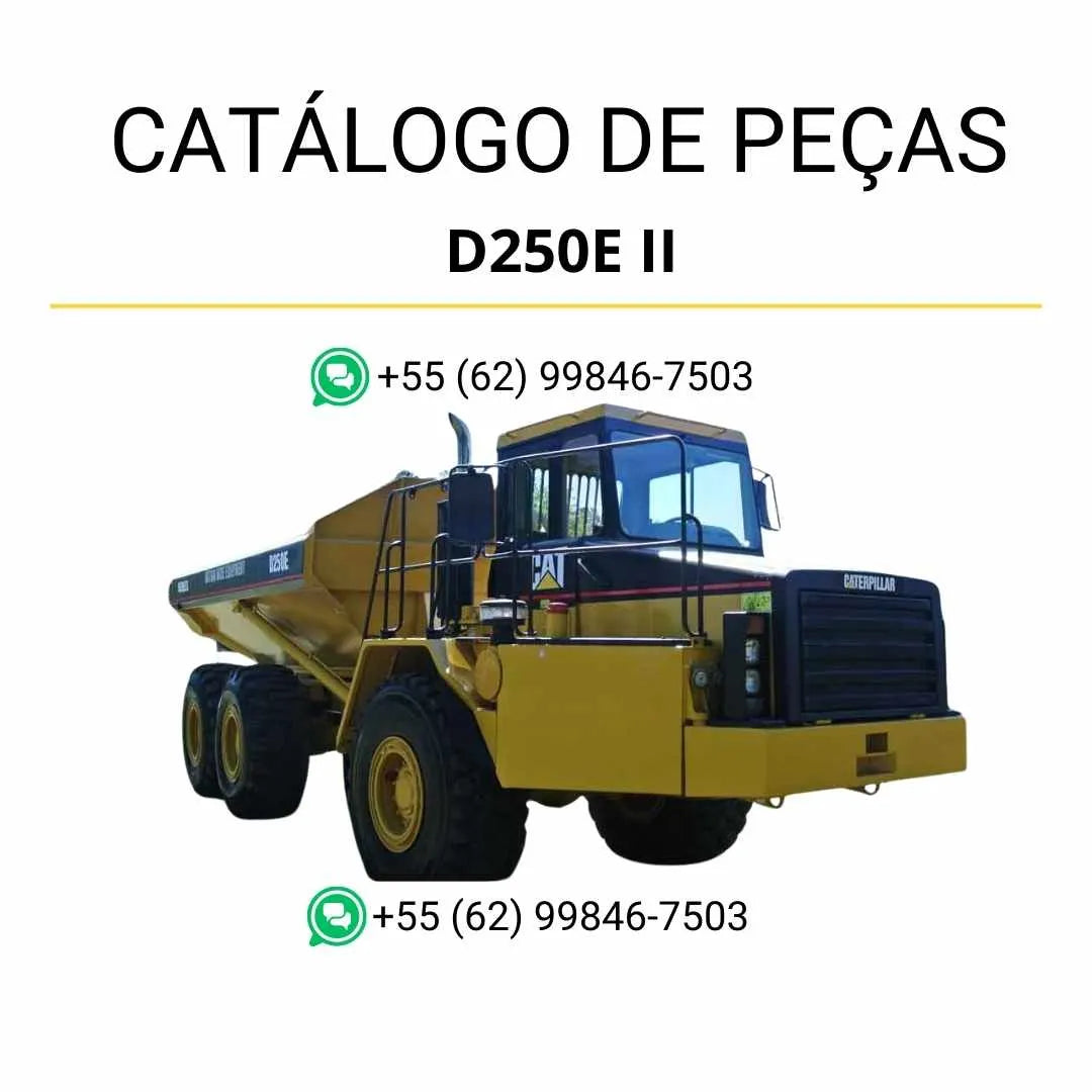 Catálogo de peças Caterpillar D250E II caminhão articulado em PDF com ilustrações técnicas e identificação detalhada de componentes originais.