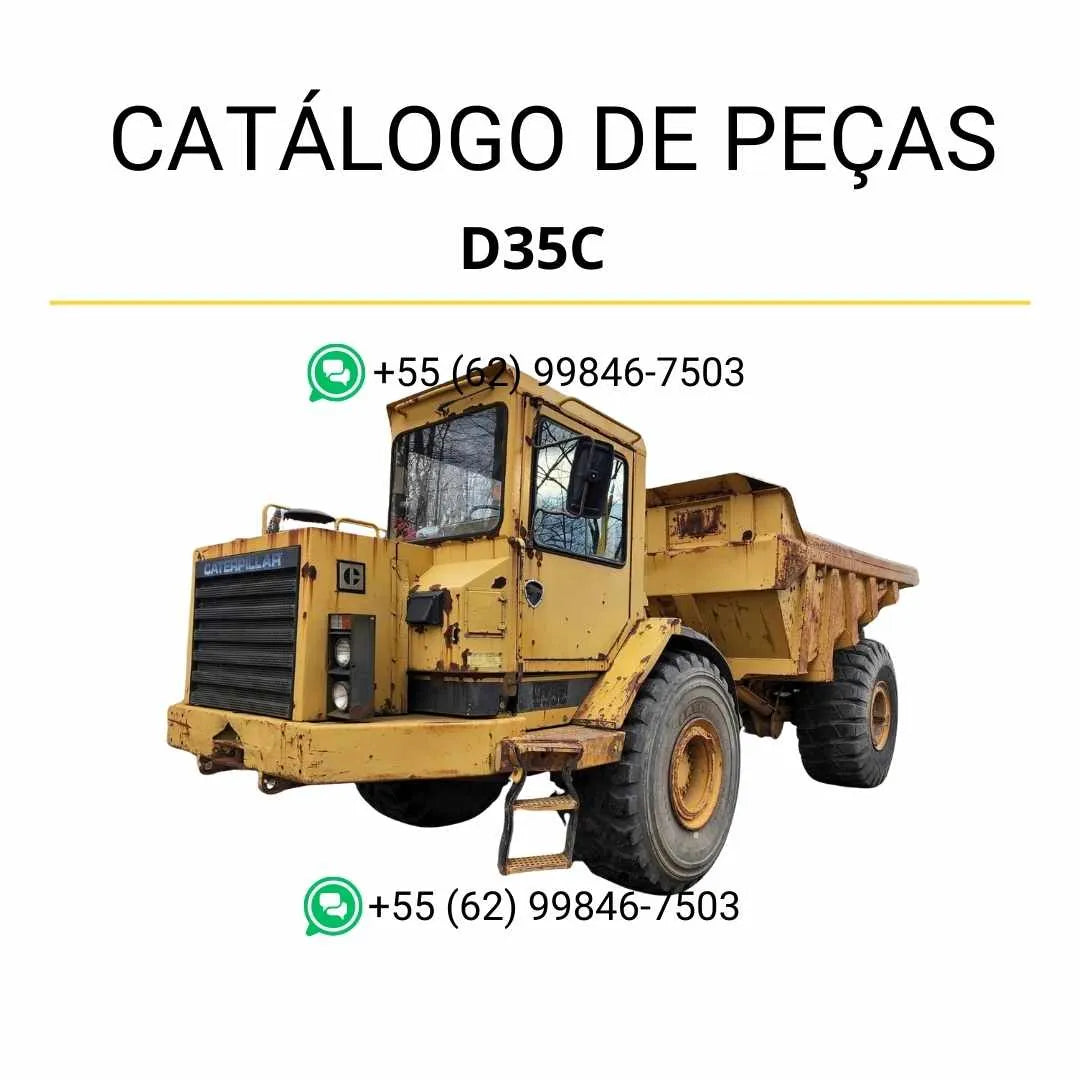Catálogo de peças Caterpillar D35C em PDF com diagramas ilustrativos e lista completa de componentes genuínos do caminhão articulado.