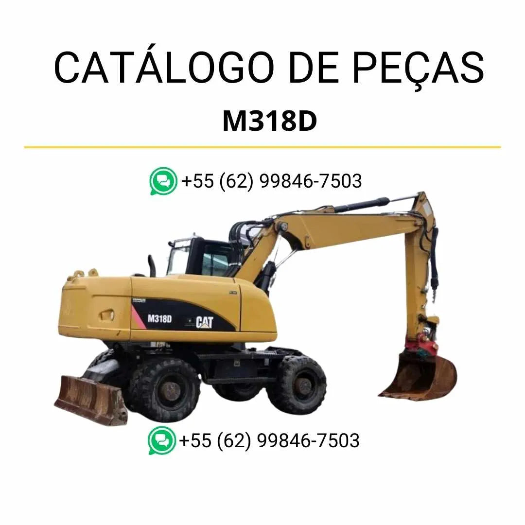 Catálogo de peças Caterpillar M318D em PDF com ilustrações técnicas detalhadas e lista completa de componentes da escavadeira de rodas.