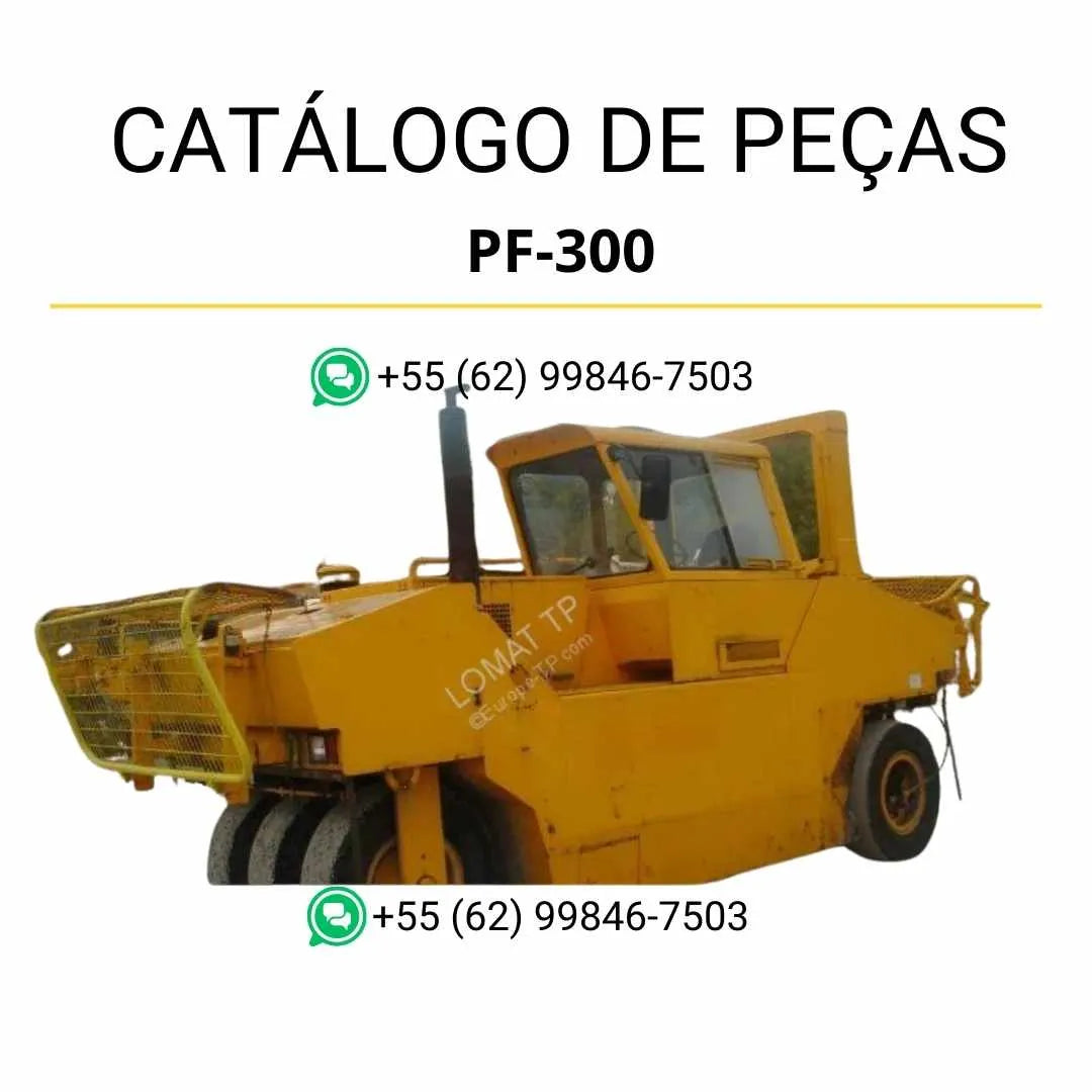 Catálogo de peças Caterpillar PF-300 em PDF com diagramas ilustrados e lista detalhada de componentes do rolo compactador pneumático.