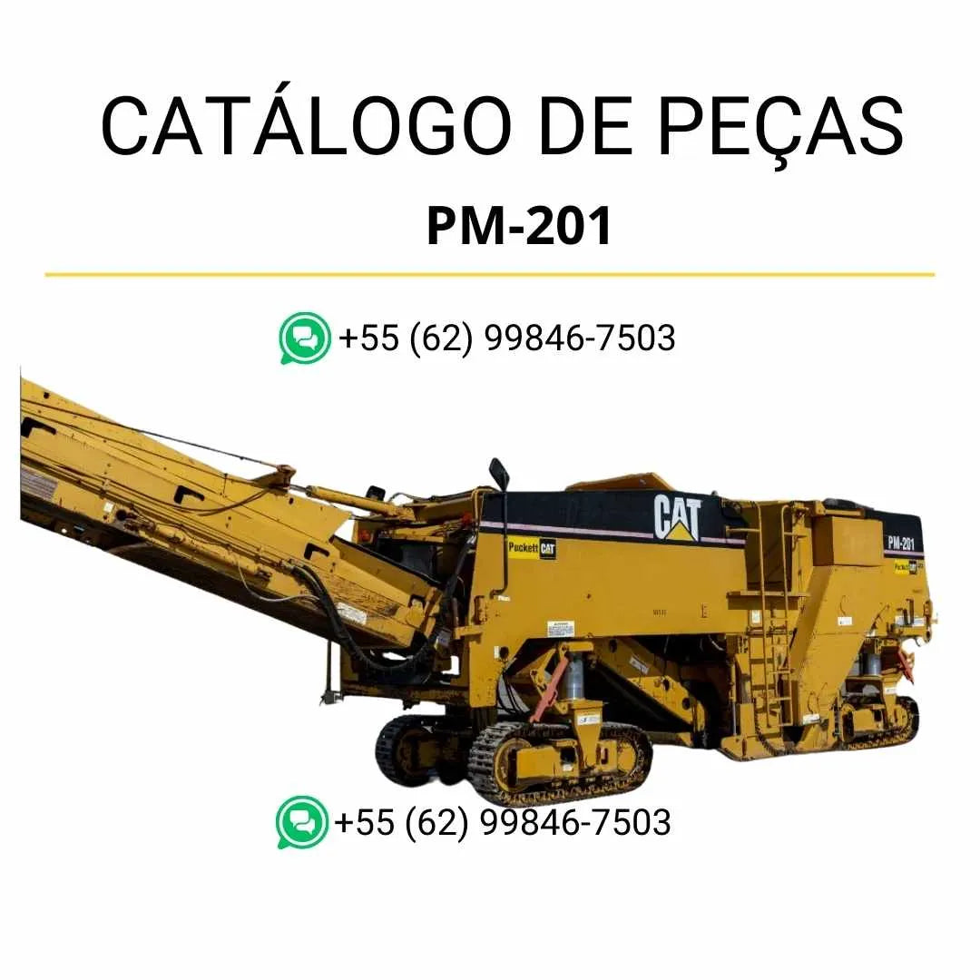 Catálogo de peças Caterpillar PM-201 em PDF com ilustrações técnicas detalhadas da fresadora de asfalto e lista completa de componentes originais.