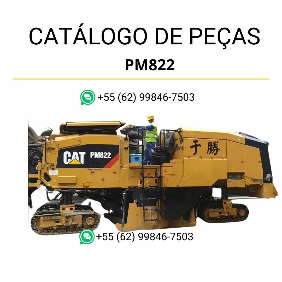Catálogo de peças Caterpillar PM822 em PDF com diagramas ilustrados e identificação detalhada dos componentes da fresadora de asfalto.