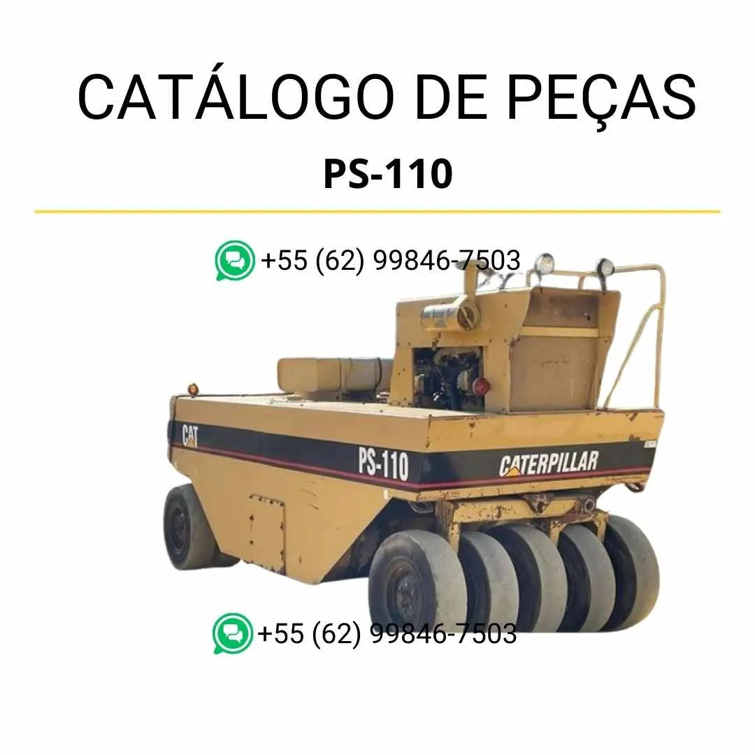 Catálogo de peças Caterpillar PS-110 em PDF com ilustrações técnicas e lista completa de componentes originais do rolo compactador pneumático.
