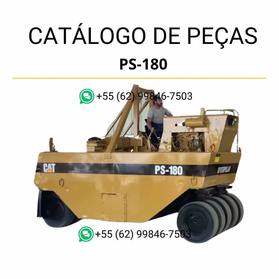 Catálogo de peças Caterpillar PS-180 em PDF com ilustrações técnicas detalhadas e lista completa de componentes originais do rolo compactador pneumático.
