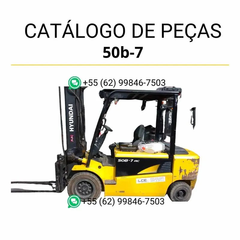 Catálogo de peças Hyundai 35B, 40B, 45B e 50B-7 em inglês, PDF ilustrado com diagramas técnicos e lista detalhada de componentes originais.