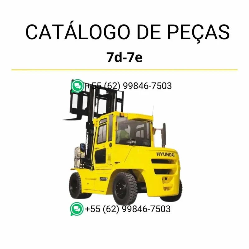 Catálogo de peças da empilhadeira Hyundai 50/60/7D-7E em inglês, PDF com mais de 400 páginas e ilustrações técnicas detalhadas dos componentes originais.