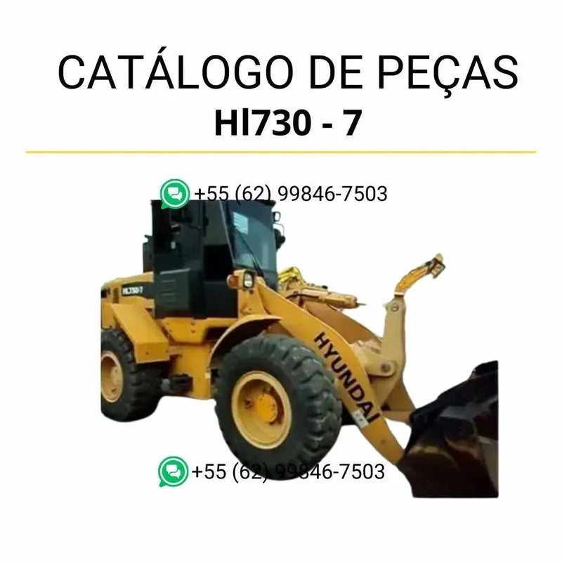 Catálogo de peças da pá carregadeira Hyundai HL730-7 em inglês, PDF ilustrado com diagramas técnicos e lista detalhada de componentes originais.