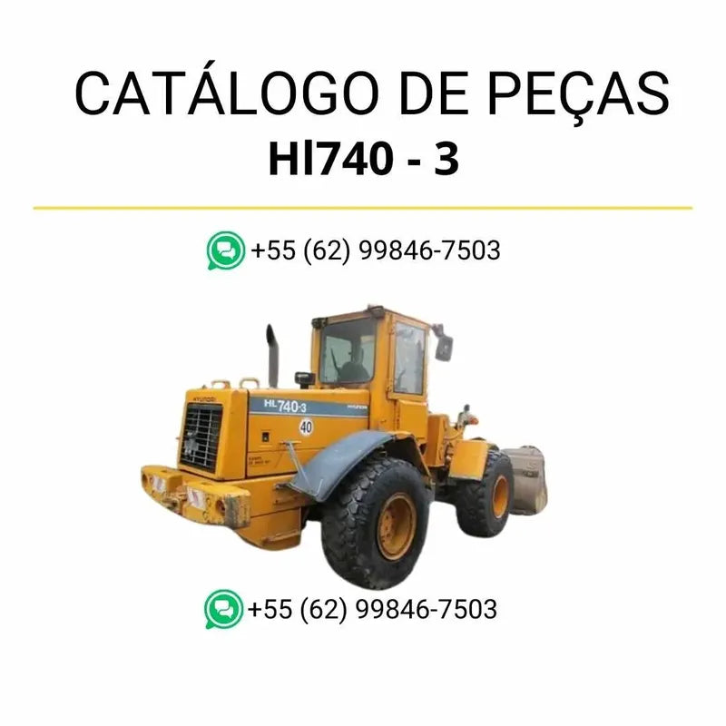 Catálogo de peças da pá carregadeira Hyundai HL740-3 em PDF, com diagramas técnicos e lista detalhada de componentes originais.