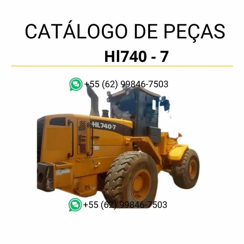 Catálogo de peças da pá carregadeira Hyundai HL740-7 em inglês, PDF ilustrado com diagramas técnicos e lista detalhada de componentes originais.