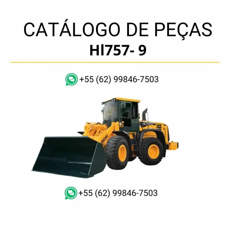 Catálogo de peças da pá carregadeira Hyundai HL757-9 em inglês, PDF ilustrado com diagramas técnicos e lista completa de componentes originais.