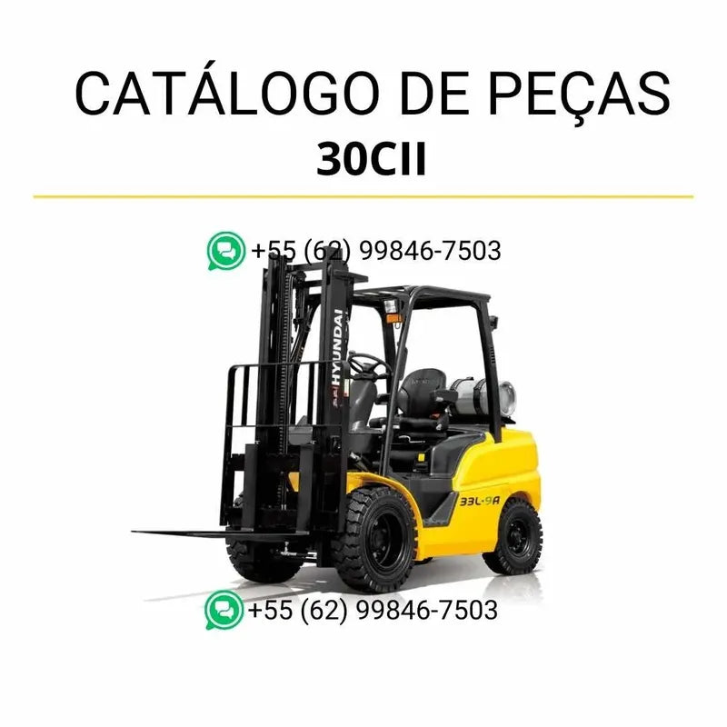 Catálogo de peças Hyundai HLF20, HLF25 e HLF30CII em inglês, PDF ilustrado com diagramas técnicos e lista completa de componentes originais.
