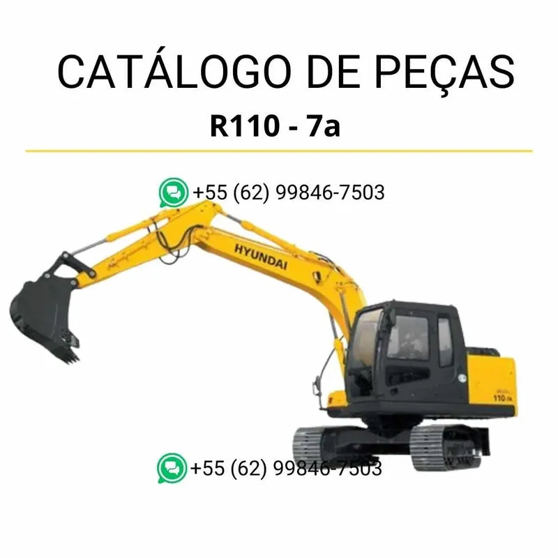 Catálogo de peças da escavadeira Hyundai R110-7A em inglês, PDF ilustrado com diagramas técnicos e lista completa de componentes originais para reposição.