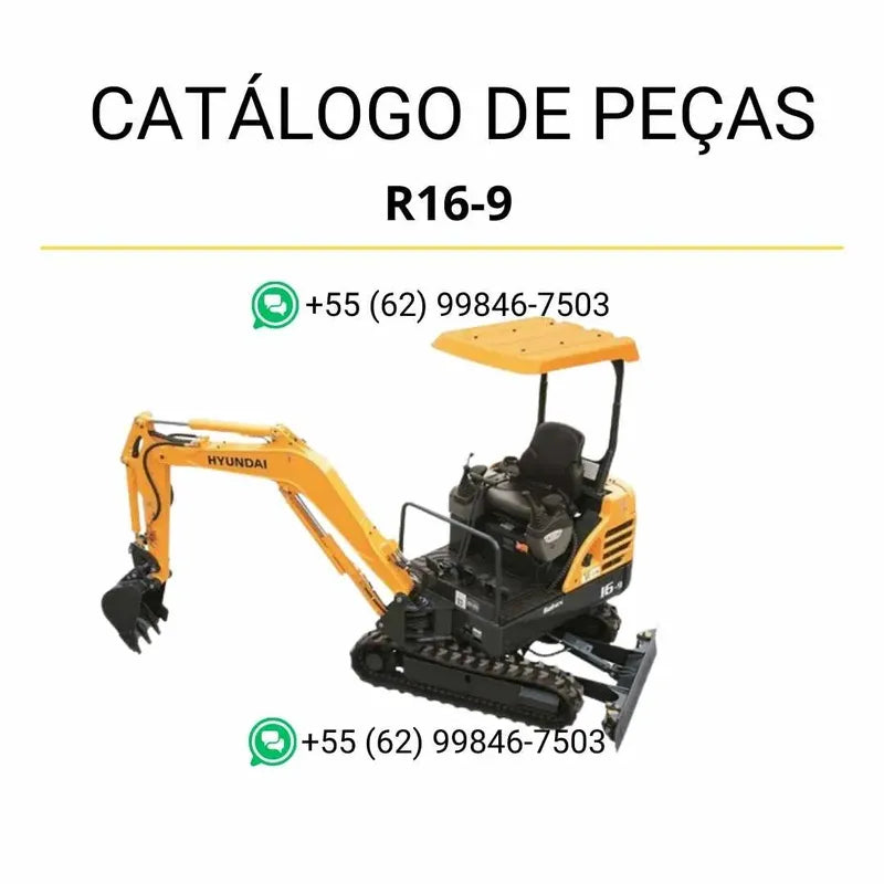 Catálogo de peças Hyundai R16-9 em PDF no idioma inglês, com diagramas técnicos detalhados e identificação precisa de cada componente da mini escavadeira.