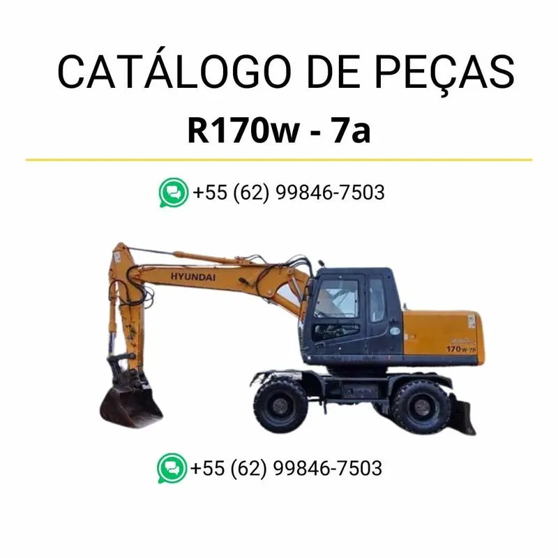 Catálogo de peças da escavadeira Hyundai R170W-7A em PDF, com ilustrações técnicas detalhadas e lista completa de componentes originais.