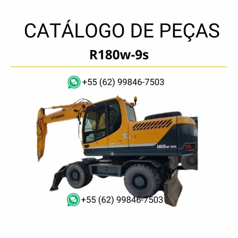 Catálogo de peças Hyundai R180W-9S em PDF no idioma inglês, com ilustrações técnicas detalhadas e lista completa de componentes originais da escavadeira.