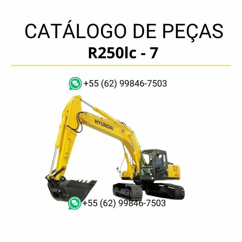Catálogo de peças Hyundai R250LC-7 em inglês, com diagramas técnicos detalhados, ilustrações completas e lista de componentes originais em formato PDF.