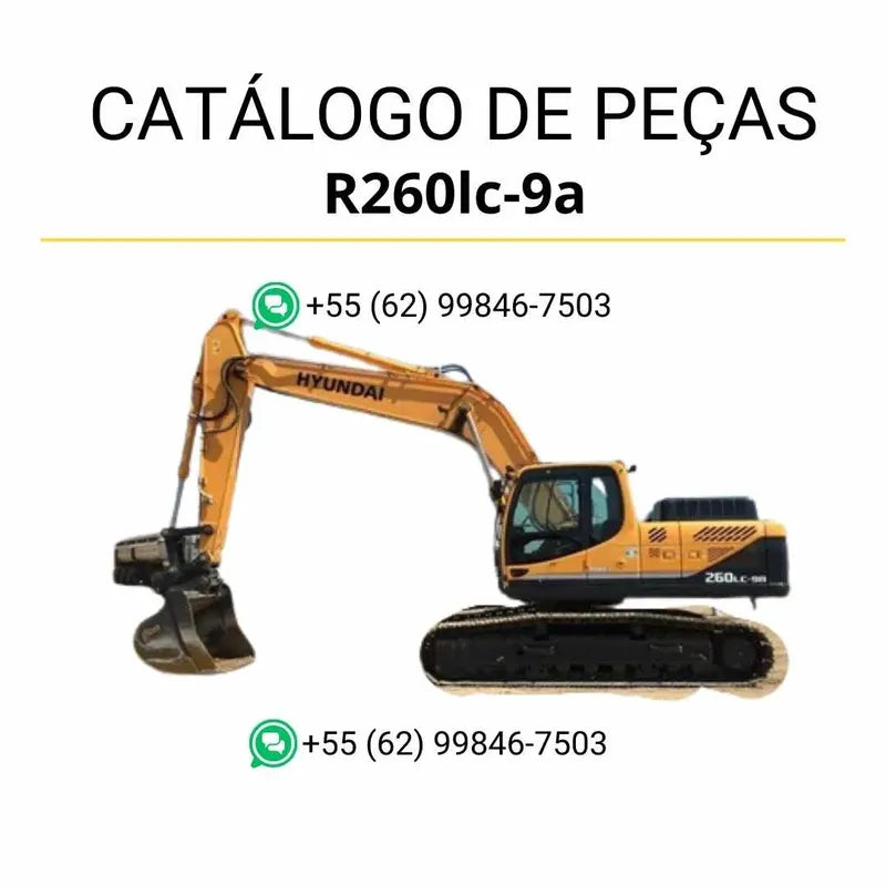 Catálogo de peças Hyundai R260LC-9A em inglês, PDF ilustrado com diagramas técnicos e lista completa de componentes originais da escavadeira.