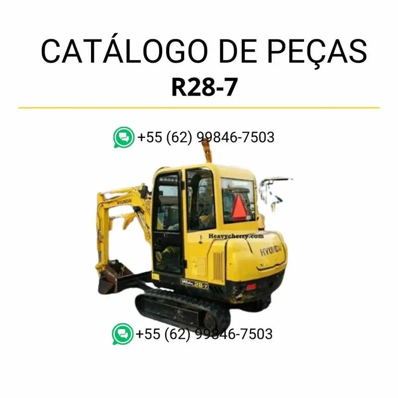 Catálogo de peças Hyundai R28-7 em inglês, PDF detalhado com diagramas técnicos e lista completa de componentes originais da escavadeira compacta.