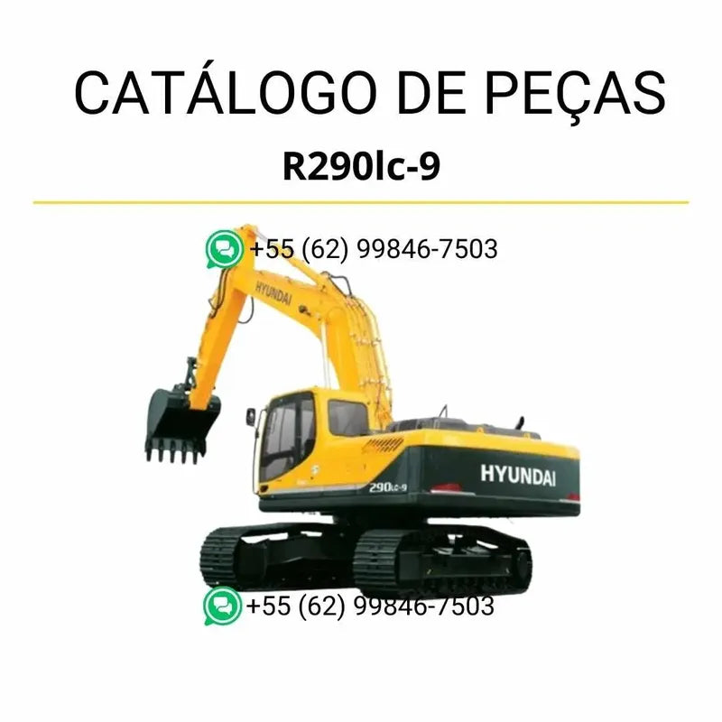 Catálogo de peças Hyundai R290LC-9 em PDF no idioma inglês, com diagramas técnicos detalhados e identificação completa dos componentes da escavadeira.