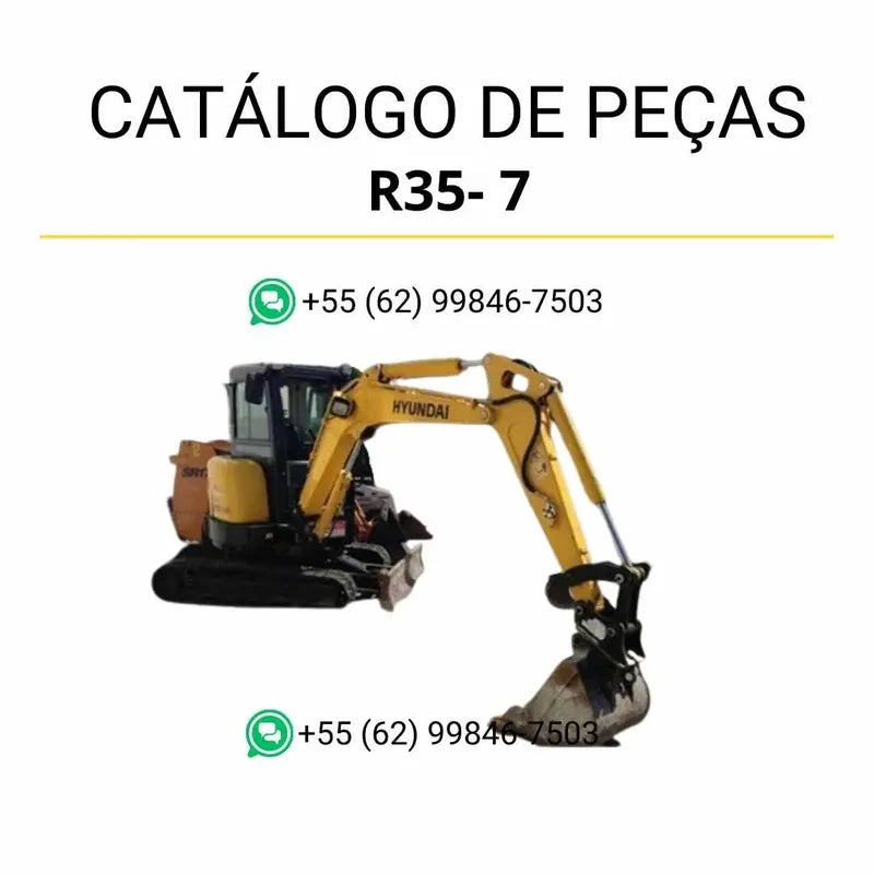 Catálogo de peças Hyundai R35-7 em inglês, PDF ilustrado com diagramas técnicos detalhados e lista completa de componentes originais da escavadeira.