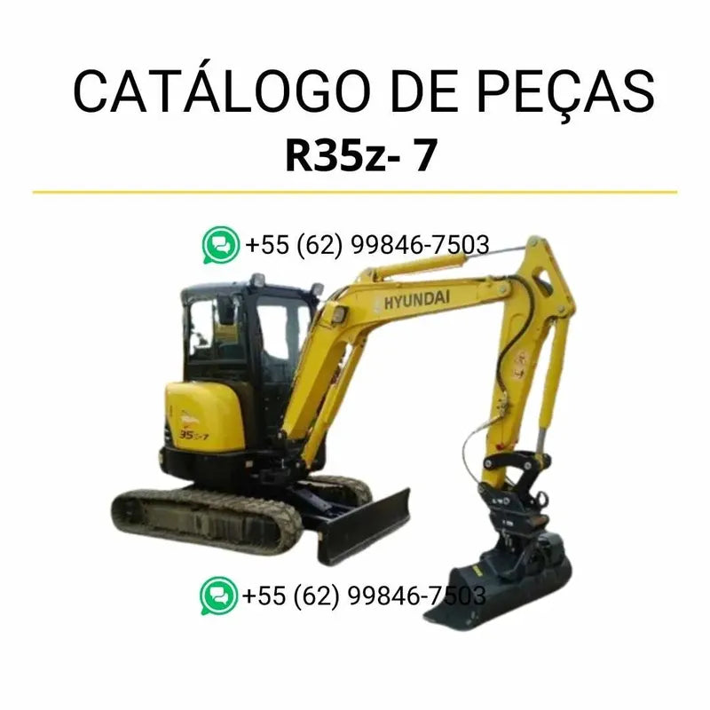 Catálogo de peças Hyundai R35Z-7 em inglês, com vistas explodidas detalhadas e lista completa de componentes originais em formato PDF.