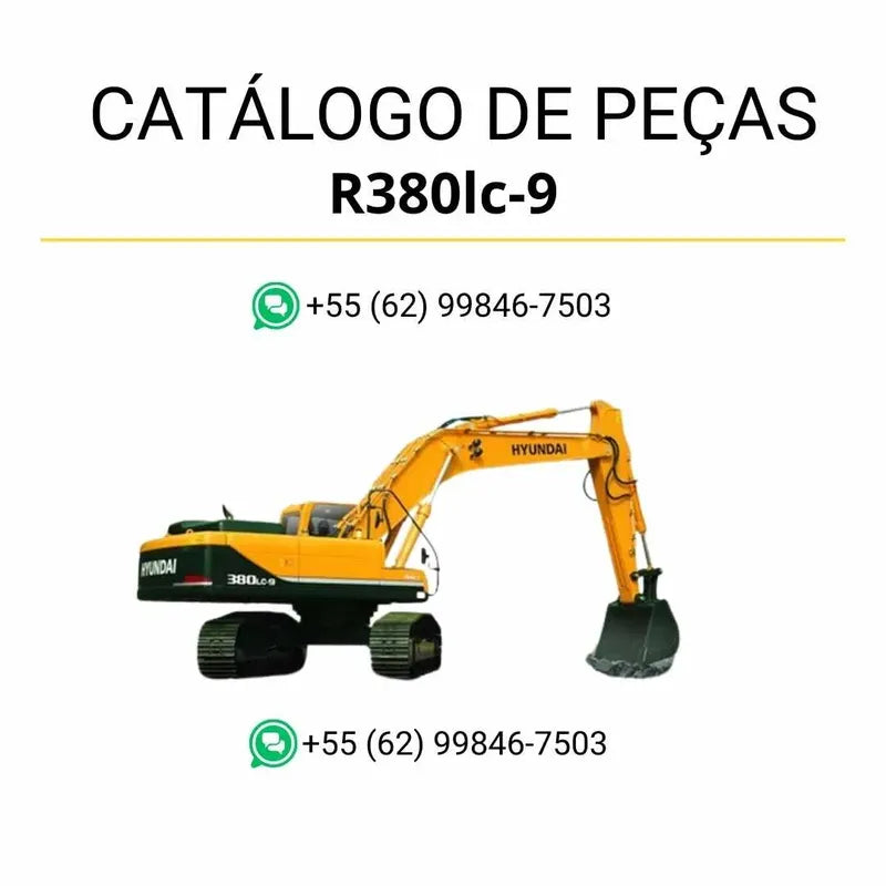 Catálogo de peças Hyundai R380LC-9 em inglês (PDF) com ilustrações técnicas detalhadas e lista completa de componentes originais.