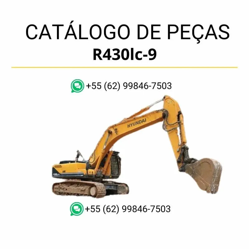 Catálogo de peças Hyundai R430LC-9 em inglês (PDF) com ilustrações técnicas detalhadas e lista completa de componentes originais.
