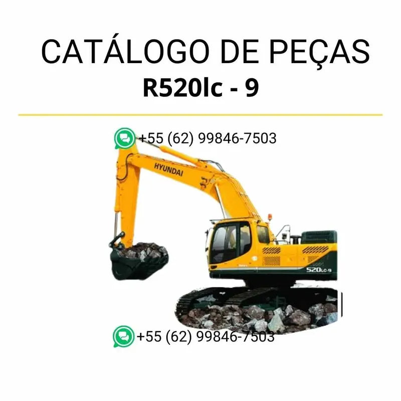 Catálogo de peças da escavadeira Hyundai R520LC-9 em PDF, com ilustrações detalhadas e vistas explodidas dos componentes originais.