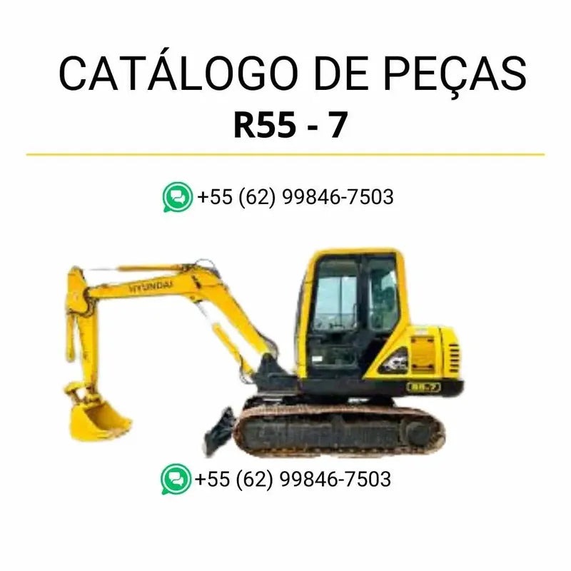 Catálogo de peças Hyundai R55-7 em PDF com diagramas técnicos detalhados e identificação completa de componentes originais.