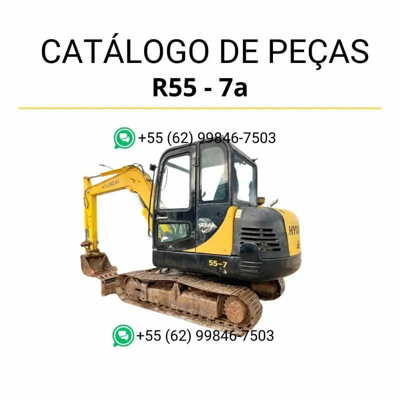 Catálogo de peças Hyundai R55-7A em inglês, com diagramas técnicos completos, ilustrações detalhadas e lista de componentes originais em formato PDF.