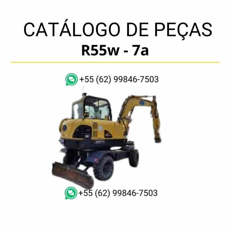 Catálogo de peças Hyundai R55W-7A em inglês (PDF) com diagramas técnicos completos, vistas explodidas e identificação detalhada dos componentes originais.
