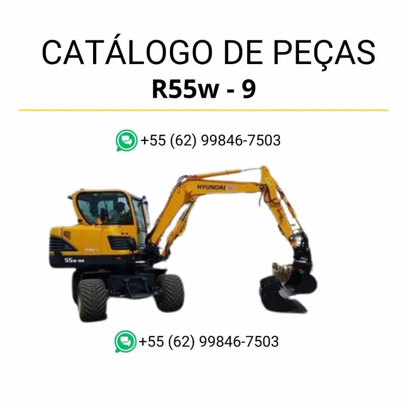 Catálogo de peças Hyundai R55W-9 em inglês, com diagramas técnicos detalhados, ilustrações completas e lista de componentes originais em formato PDF.