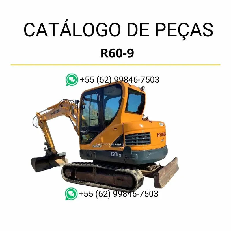 Catálogo de peças da mini escavadeira Hyundai R60-9 em inglês, PDF ilustrado com diagramas técnicos e lista detalhada de componentes originais.