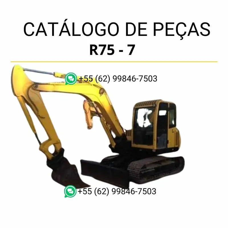 Catálogo de peças Hyundai R75-7 em inglês, com ilustrações técnicas detalhadas, diagramas completos e lista de componentes originais em formato PDF.