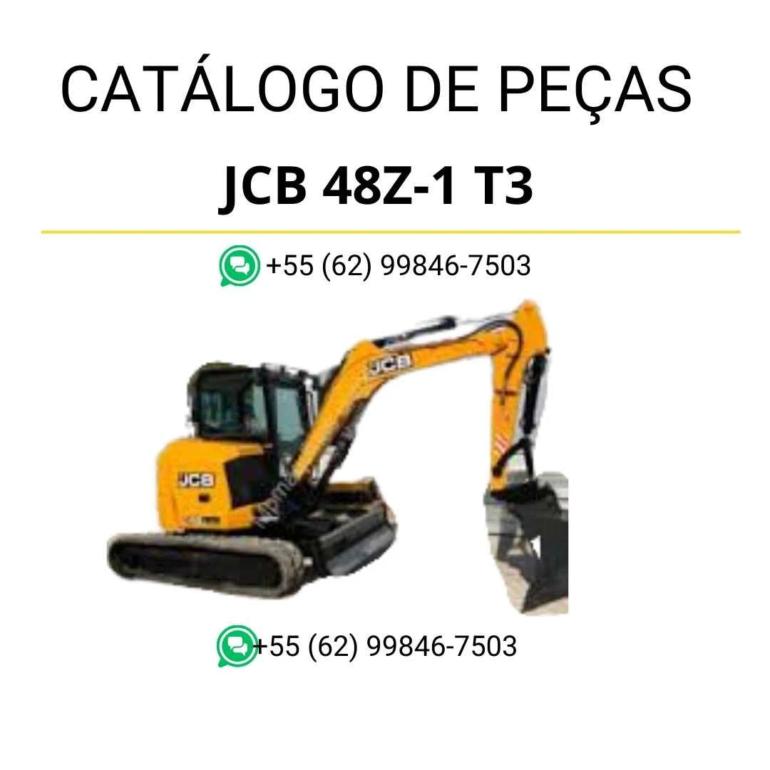 Catálogo de peças JCB 48Z-1 T3 em PDF, com diagramas completos e identificação detalhada dos componentes da mini escavadora.