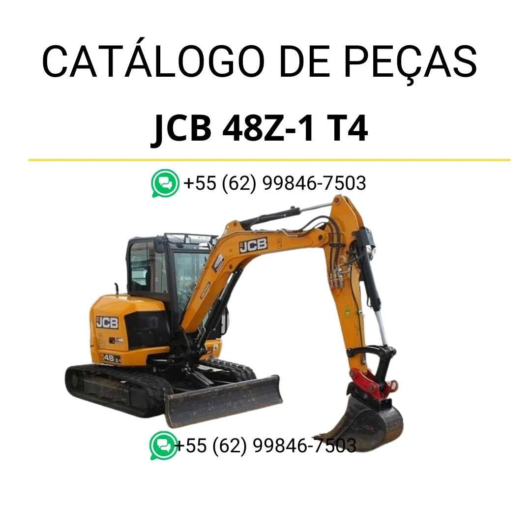 Catálogo de peças JCB 48Z-1 T4 em PDF com ilustrações técnicas e detalhamento completo dos componentes da mini escavadora.