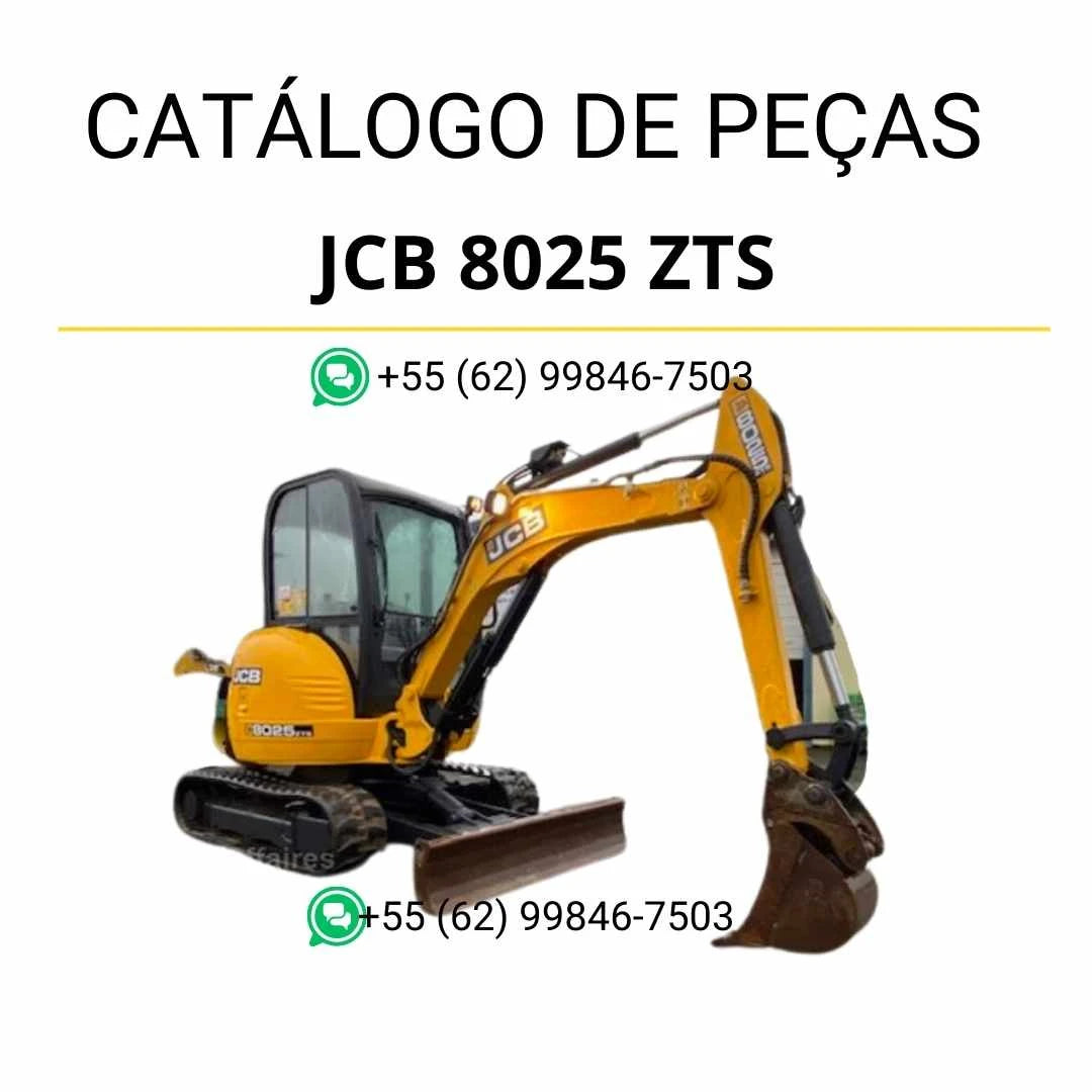 Catálogo de peças JCB 8025 ZTS em PDF, com ilustrações técnicas detalhadas e identificação precisa dos componentes da mini escavadora.