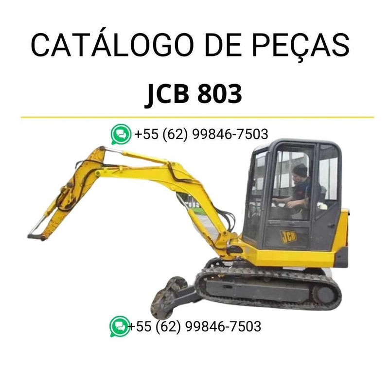 Catálogo de peças JCB 803 para mini escavadora em PDF, com ilustrações técnicas e identificação detalhada dos componentes originais