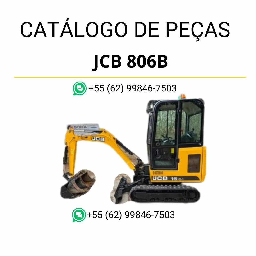 Catálogo de peças JCB 806B em PDF com ilustrações técnicas e lista completa de componentes das mini escavadoras de rastos.