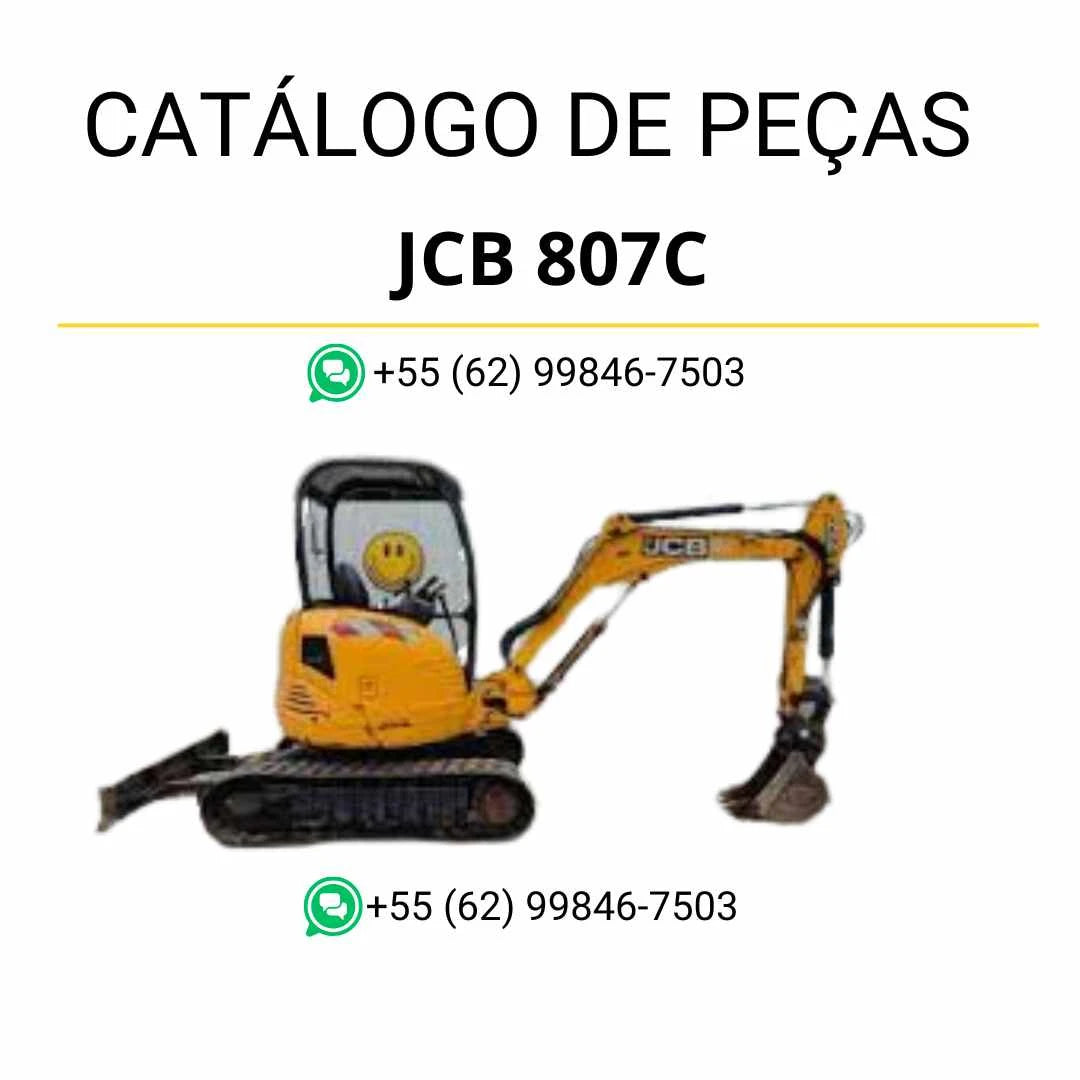 Catálogo de peças JCB 807C em PDF com diagramas técnicos detalhados, identificação de componentes e vistas completas das mini escavadoras de rastos.
